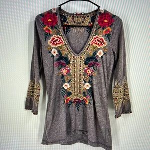 Johnny Was tan floral, embroidered blouse can